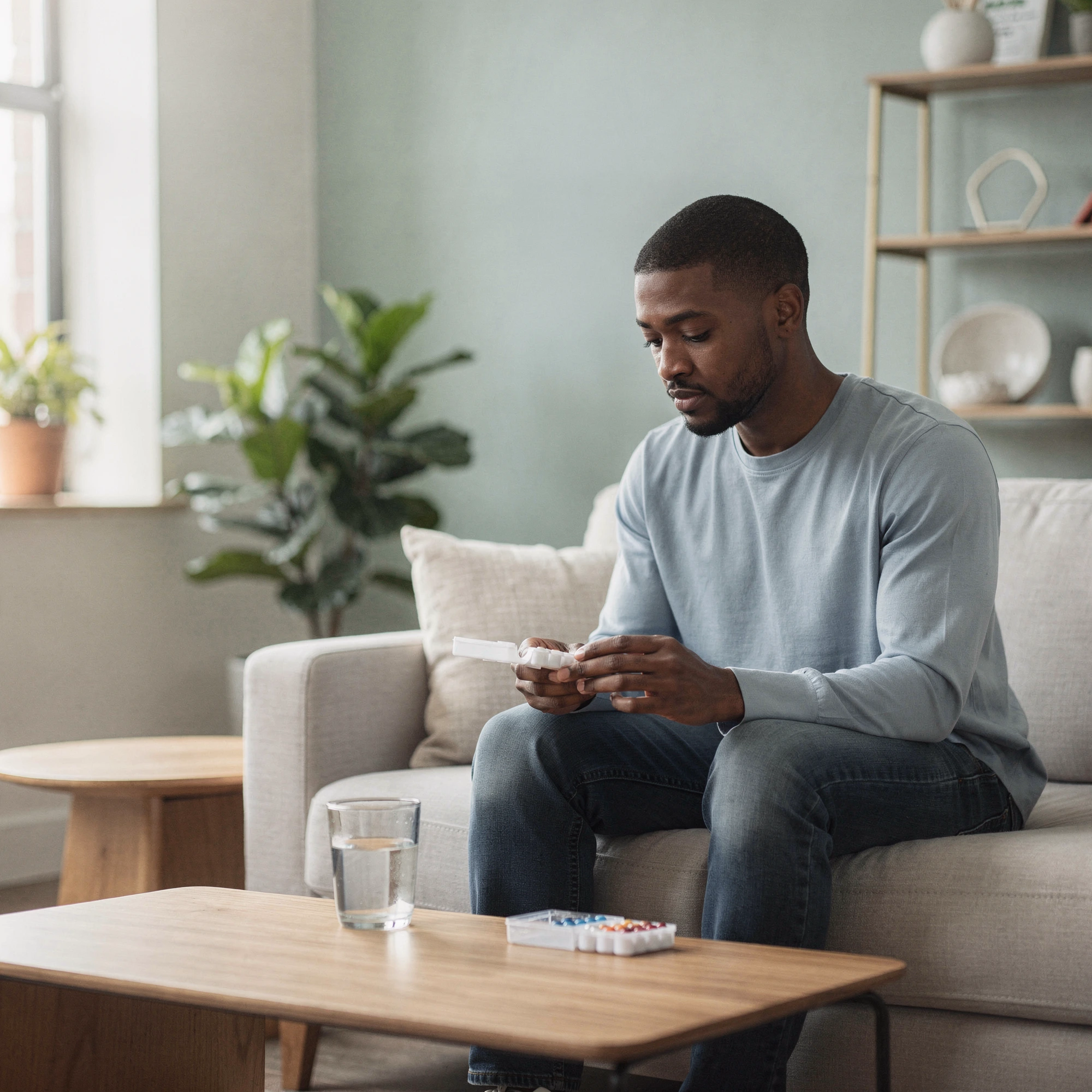 Man on a sofa holding a pill organizer – psychiatric medication management in Upper Darby, PA